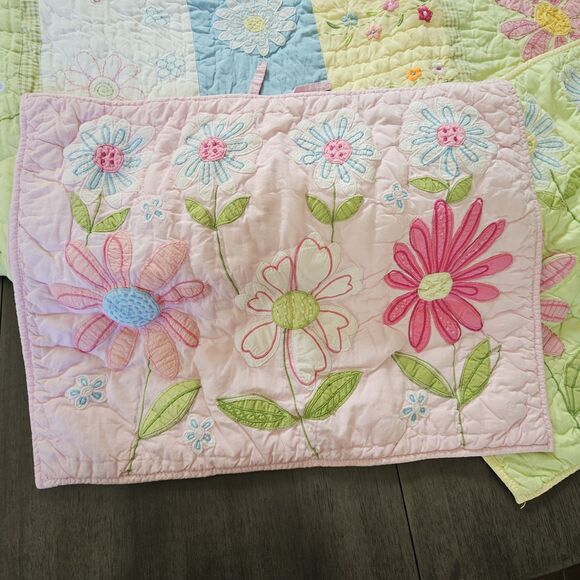 Vtg Pottery Barn Kids Discontinued Green Daisy Garden Full Quilt And 2 Sham Set - Picture 12 of 12